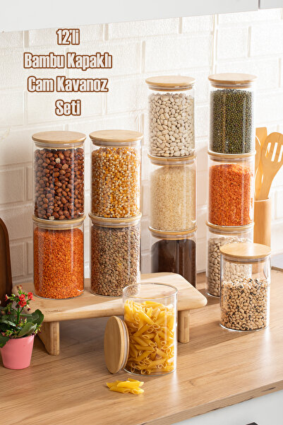 Porsima 2-4 Bamboo Vacuum Lids Round Borosilicate Glass 12-Piece Jar Set Stor...