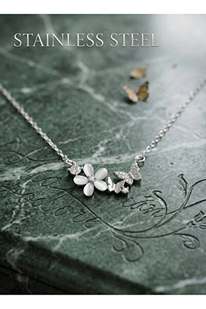stainless steell 316L Steel Chain Silver Color Flower and Butterfly Model Nec...