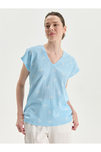 LC Waikiki Tricou de damă cu decolteu în V și imprimeu cu funde