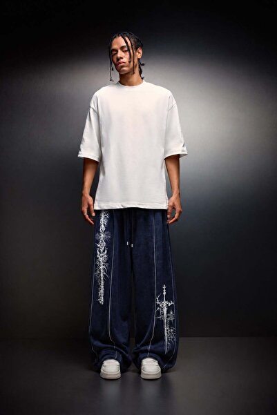 Slatra Men's Navy Blue Draw Your Swords Washed Effect Baggy Tracksuit