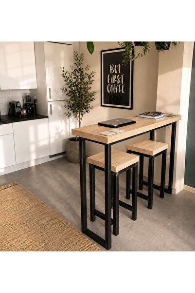 UMUTPARK METAL MASİF AHŞAP MUTFAK MASASI VE TABURESİ(Ham Ahşap Renk).