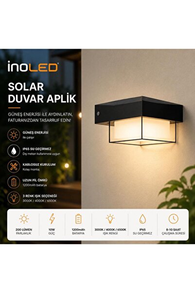 İnoled Solar Duvar aplik Güneş Enerjili IP65 SU GEÇİRMEZ Uzun Pil Ömrü 200Lm ...