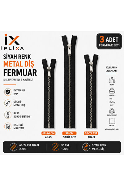 İPLİXA Siyah Metal Diş Fermuar Seti 3 Adet 68-74 CM ve 90 CM Dayanıklı Fermuar