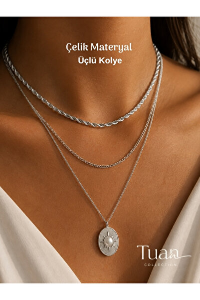 Tuan Collection Silver Color Triple Chain Necklace Plate Star Detail Triple S...