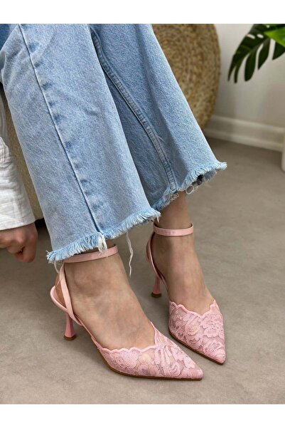 ERVANIN BUTİĞİ Candy Pink Lace (Vusuel) Women's Stiletto with Embroidered Bac...