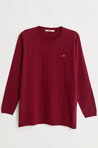 Nihan Plus Size Viscose Sweater with Accessory Detail - Burgundy
