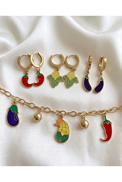 stainless steell Çelik Gold Mini Sebze Figürlü Çoklu Küpe ve Charm Bileklik S...