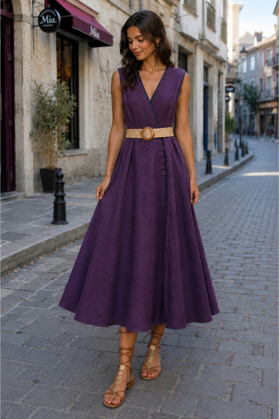 EREN STYLE Italian Waist-Wrapped Linen Dress (Length: 126 Cm.)