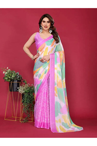 Generic Ready To Wear Chiffon Silk Saree, Women's Moss Chiffon Silk Printed S...