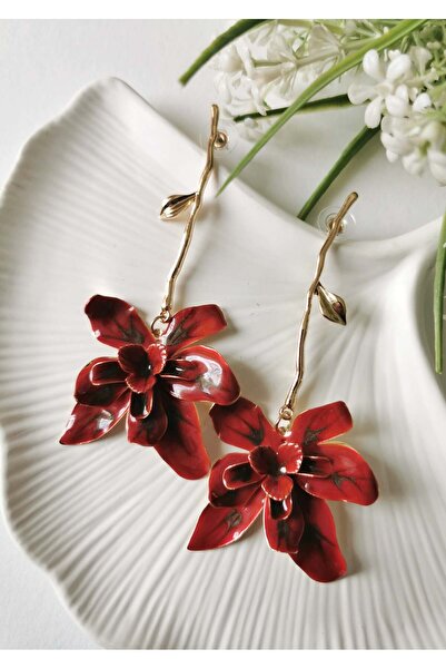 Halley Concept Red orchid enamel coated steel dangle earrings 9.5x4 cm