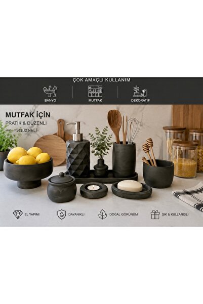 Roxie El Yapımı Modern Taştozu Banyo Seti – 7 Parça Siyah Dekoratif Organizer...