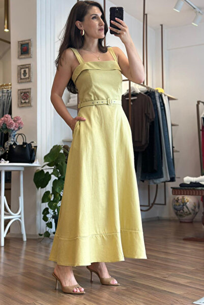 Unique Boutique Oil Green 100% Linen Dress with Pockets and Belt