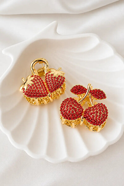 MakeWell Stoned Strawberry and Cherry Hairpin Buckle Red Crystal Stone Stylis...