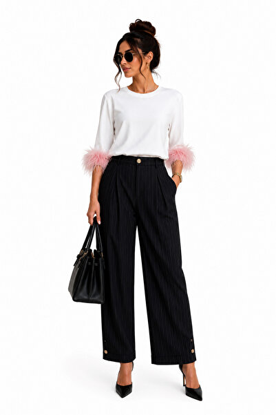 Diva Exclusive Fashion Bluză damă albă cu pene roz la mâneci – Elegant
