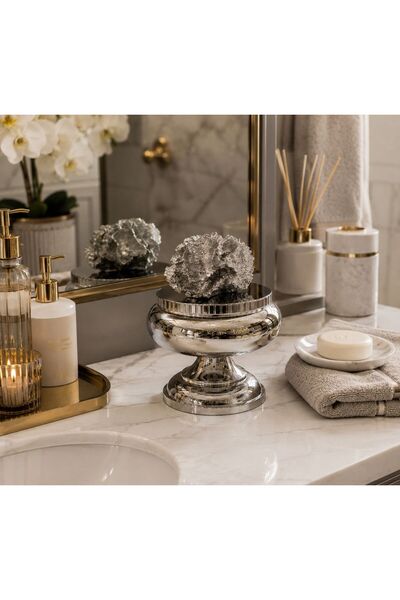 RoyalDecorHome Dekoratif Tekli Mercan Ayaklı Şekerlik, Kutu&Obje Gümüş/Küçük