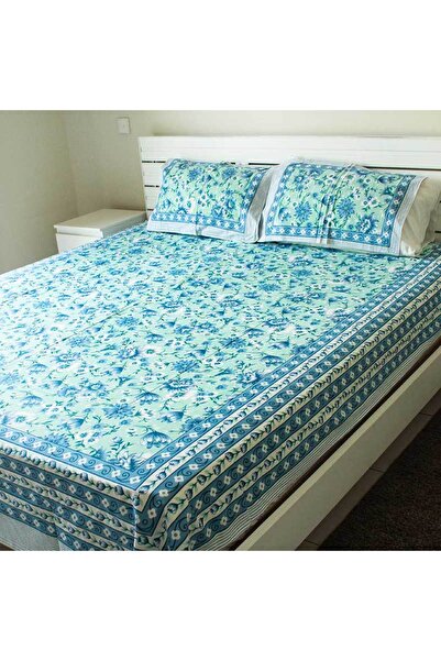 Weswadesi Bedsheet with 2 Pillow Covers – Turquoise Blue Lotus print