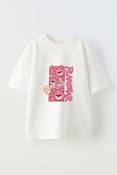 Anetos Tricou oversize alb din bumbac cu imprimeu frontal Plat Bear Design