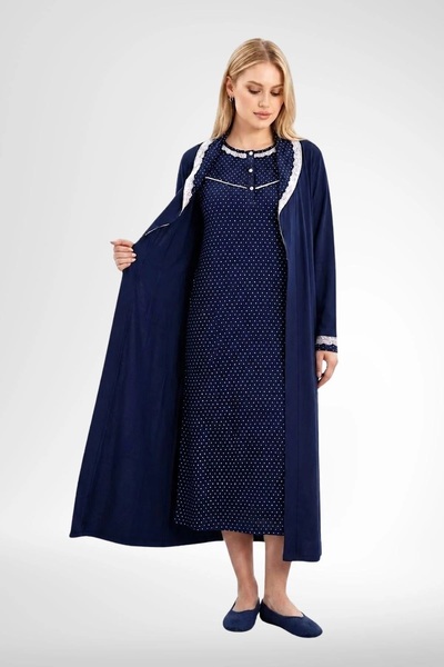 by İGP Navy Blue 100% Cotton Plus Size Women's Long Dressing Gown Nightgown Set