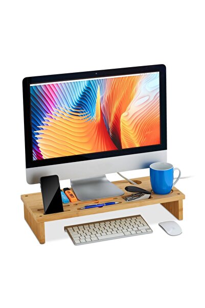 Ayawaska Bamboo monitor stand, Anatomical, with 6 compartments for office sup...
