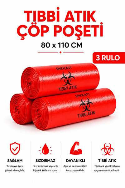 MSE HOLD Tıbbi Atık Poşeti 80x110 3 Rulo 30 Adet Kırmızı Tıbbi Çöp Poşeti Sız...