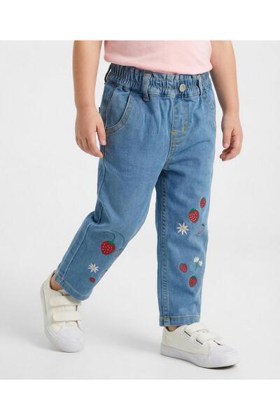 Bonfino Woven Full Length Barrel Fit Washed Denim Jeans With Floral & Strawbe...