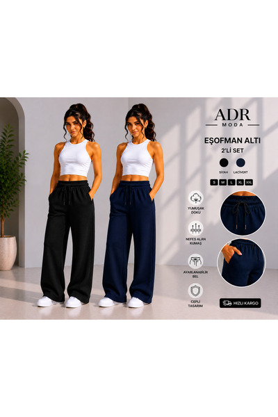 ADR MODA 2-Piece Wide Leg Sweatpants Black Navy Blue Daily Use Loose Fit