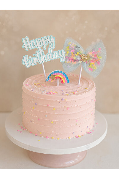 Magique Party Happy Birthday Tüllü Gökkuşağı Temalı 3 Parça Pasta Süsü