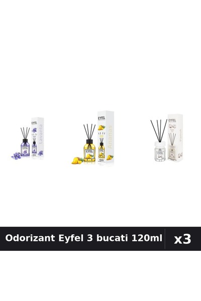 Eyfel Set 3 Odorizante Camera cu Betisoare - Lavanda, Ananas, Bumbac, 120ml