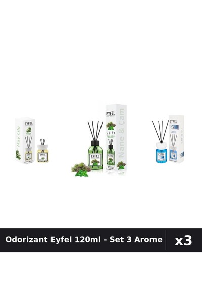 Eyfel Set 3 Odorizante Camera cu Betisoare 120ml - Lacramioare, Pin Menta, Co...