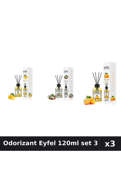 Eyfel Set 3 Odorizant Camera cu Betișoare 120ml - Lămâie, Nucă de Cocos, Port...