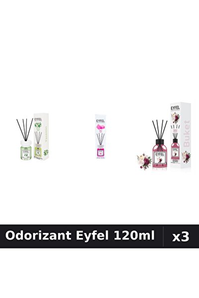 Eyfel Set 3 Odorizante Camera cu Betisoare 120ml - Iasomie, Bubble Gum, Bouquet