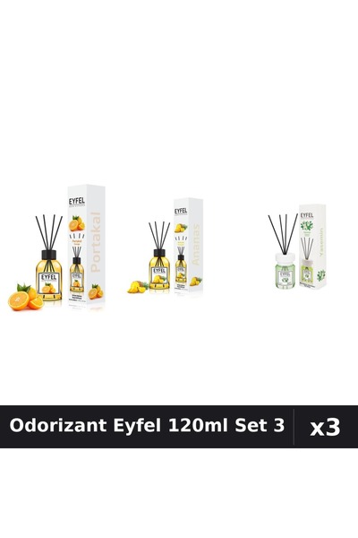Eyfel Set 3 Odorizant Camera cu Betisoare 120ml - Portocala, Ananas, Iasomie