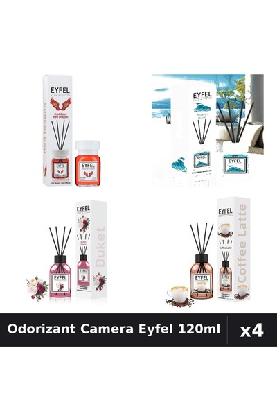 Eyfel Set 4 Odorizante Camera cu Betisoare 120ml - Bouquet, Cafea, Ocean, Red...