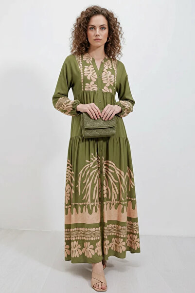 buğrahayalin Women's V-Neck Gathered Waist Long Sleeve Authentic Patterned Vi...