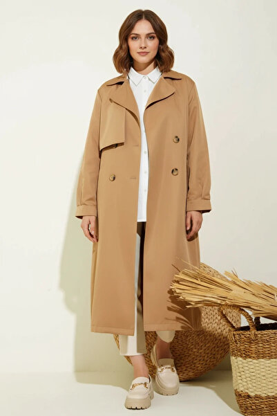 buğrahayalin Women's Double-Breasted Collar Belted Tan Hijab Trench Coat