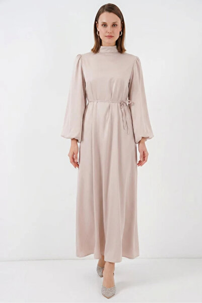 Generic Brand Women's High Collar Belted Puff Sleeve Satin Cream Hijab Dress