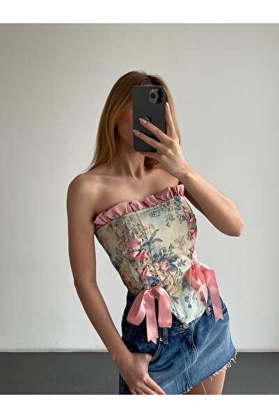 Friday Mood Vintage Çiçek Desenli Bağcıklı Straplez Büstiyer