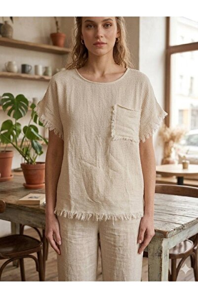 AYASOFYA OTANTIK Women's Gray Round Neck Textured 100% Cotton Blouse with Tas...