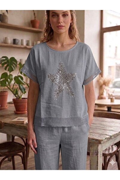 AYASOFYA OTANTIK Women's Gray Sequined Star Embroidered Oversize Loose-Fit 10...