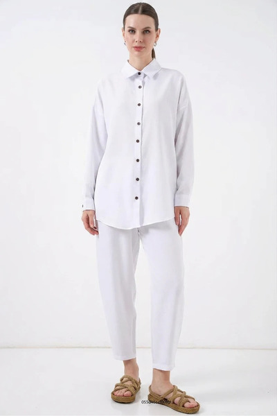 buğrahayalin Women's Shirt Collar Viscose White Double Set