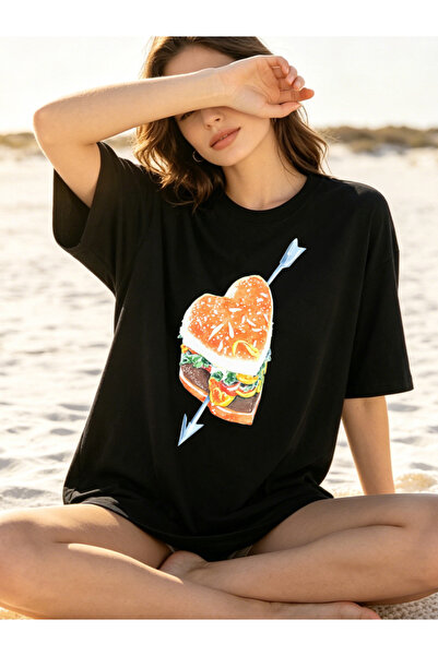 Fleck Casual Oversized T Shirts For Men Burger Heart With Arrow Personalized ...