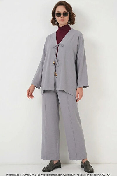 buğrahayalin Women's V-Neck Belted Gray Two-Piece Set