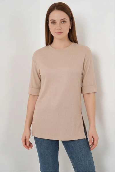 buğrahayalin Women's Round Neck Side Slit Biscuit T-Shirt