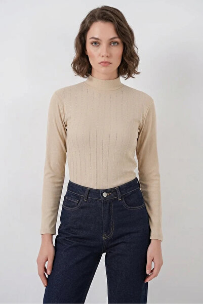 buğrahayalin Women's Turtleneck Stone Detailed Vertical Striped Biscuit Body