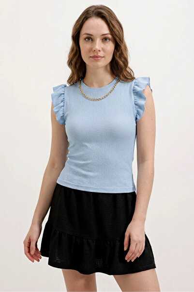 buğrahayalin Women's Round Neck Blue Blouse with Ruffled Sleeves