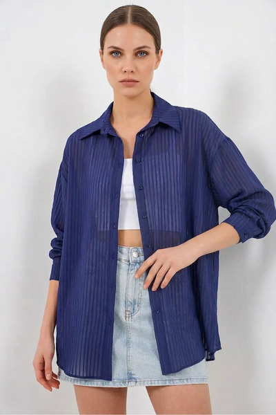 Efnaz style Women's Oversize Vertical Striped Viscose Navy Blue Shirt