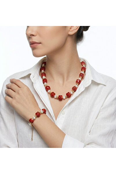 Retrovy Store Dark Red Women's Necklace Bracelet Set with Pearl and Gold Detail