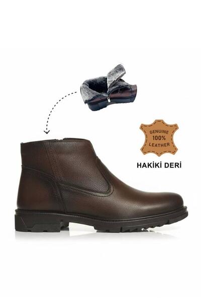 MAKRAS EXCLUSIVE Men's Zippered Brown Genuine Leather Casual Boots with Fur I...