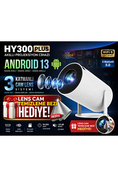 AZEQ HY300 Plus 4K Destekli Akıllı Projeksiyon Cihazı Android 13 WiFi 6 Bluet...