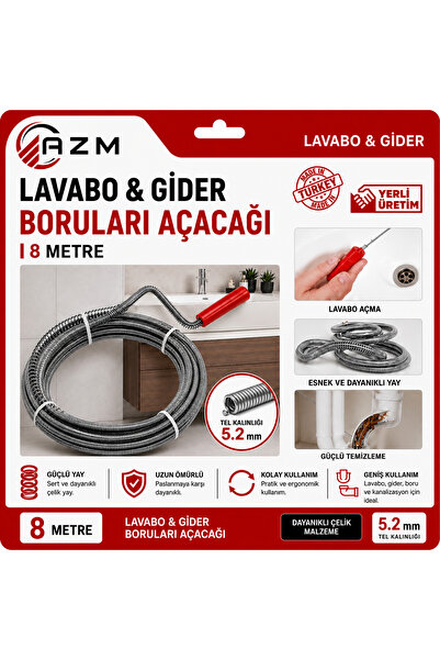 Azm Lavabo ve Boru Gider Açıcı 8 Metre Spiral Tıkanıklık Açma Teli Kanal Açıc...